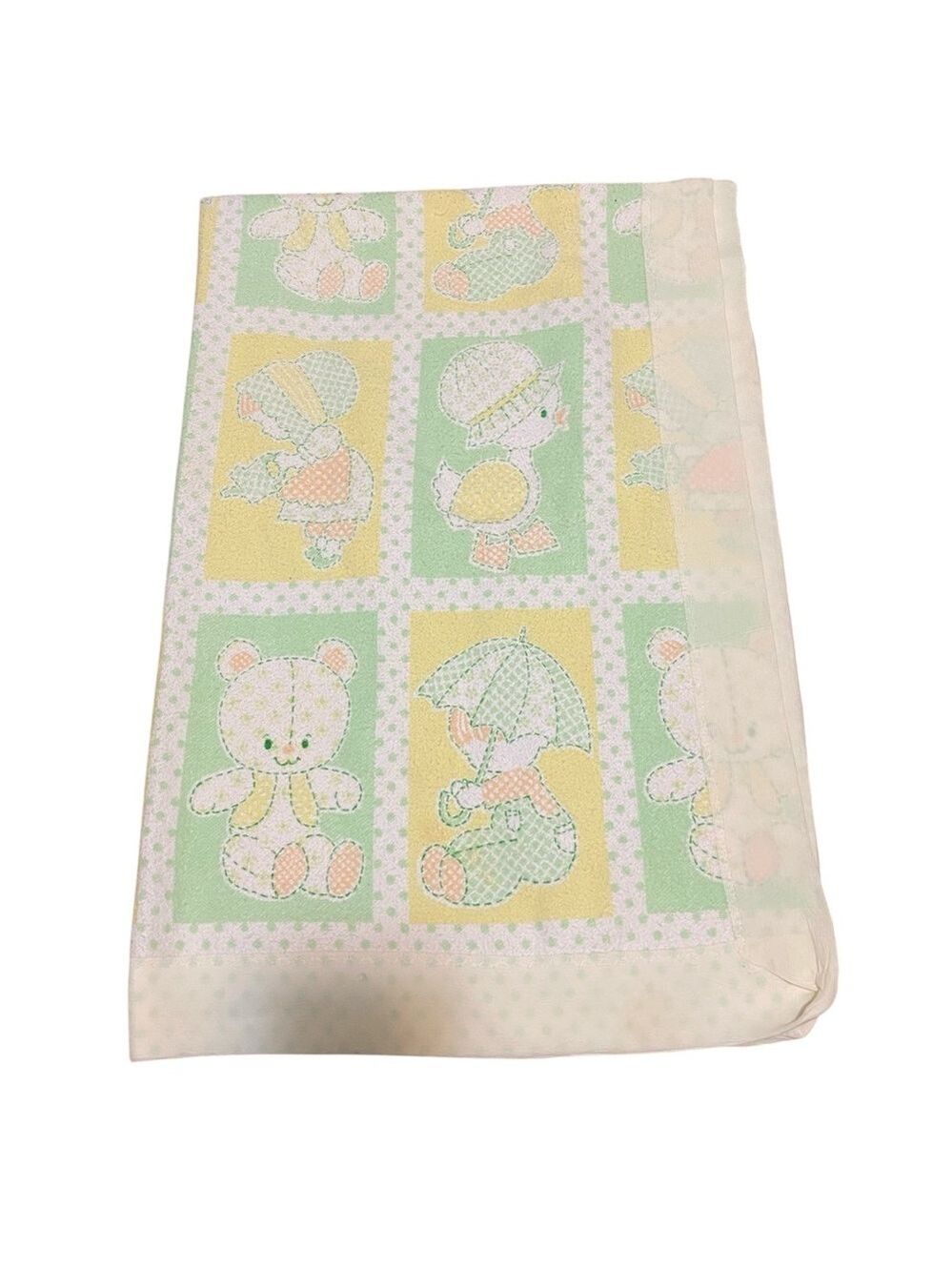 BABYCARE Baby Crib Blanket w/Yellow Satin Trim Bears Girls Vintage 70s 80s